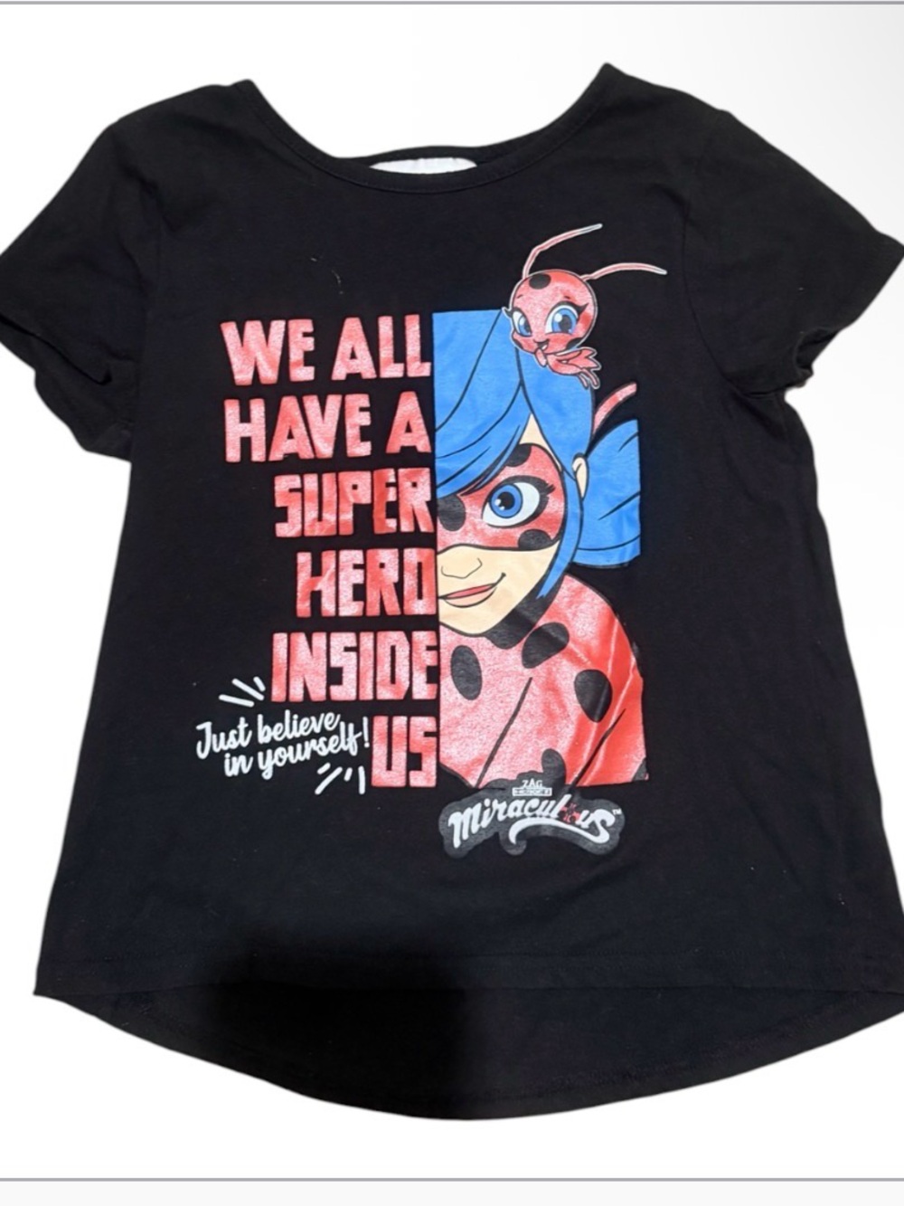 Kids Black Graphic Tee with Ladybug Motif-size 10/12 Preowned